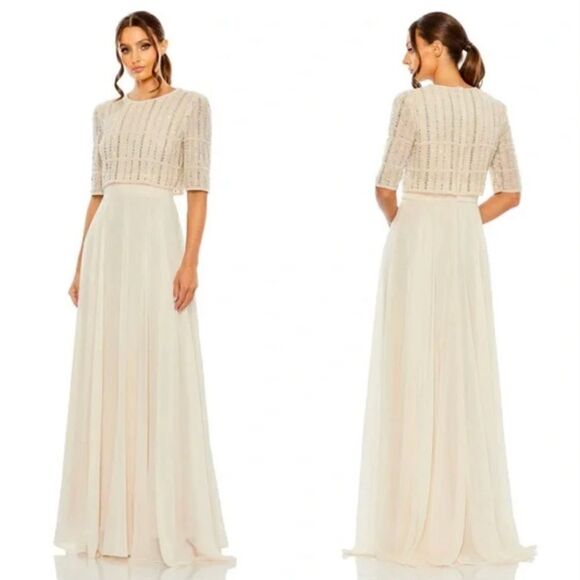 NWT MAC DUGGAL 9180 Nude Chiffon Gown Fully Beaded 1/4 Sleeve Top Size 20 Glam - Picture 1 of 11